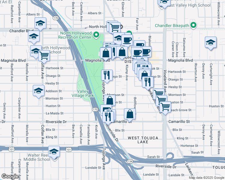 map of restaurants, bars, coffee shops, grocery stores, and more near 5002 Tujunga Avenue in Los Angeles