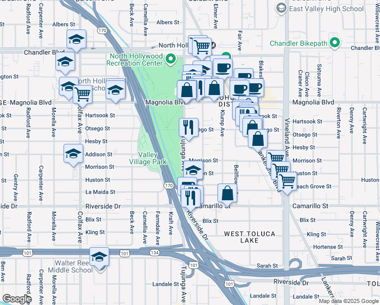 map of restaurants, bars, coffee shops, grocery stores, and more near 5002 Tujunga Avenue in Los Angeles