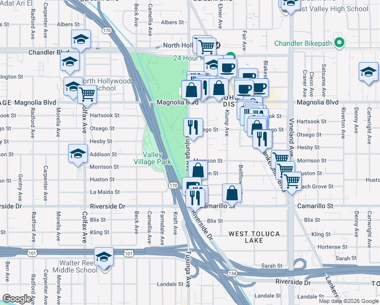 map of restaurants, bars, coffee shops, grocery stores, and more near 5002 Tujunga Avenue in Los Angeles