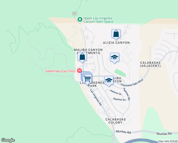 map of restaurants, bars, coffee shops, grocery stores, and more near 5736 Las Virgenes Road in Calabasas