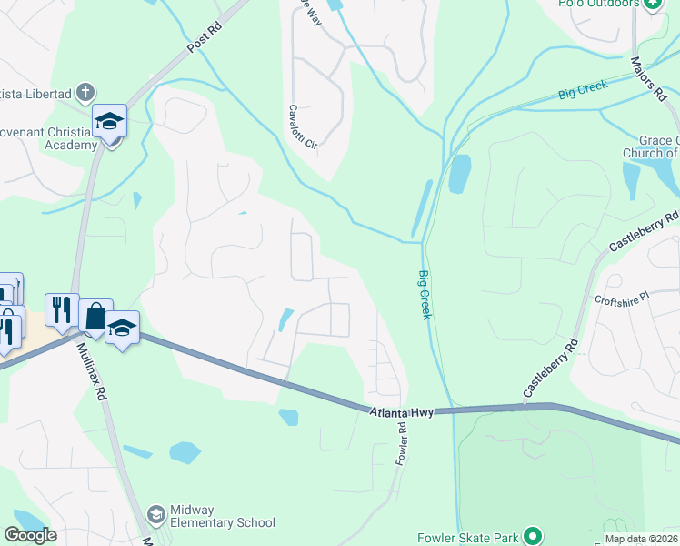 map of restaurants, bars, coffee shops, grocery stores, and more near 4940 Hazelwood Drive in Alpharetta