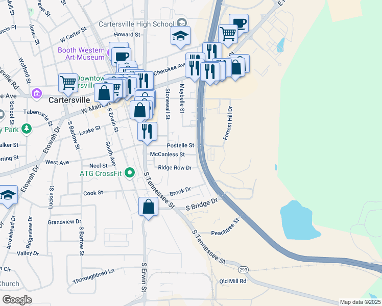 map of restaurants, bars, coffee shops, grocery stores, and more near 210 McCanless Street in Cartersville