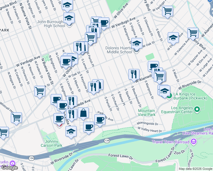 map of restaurants, bars, coffee shops, grocery stores, and more near 427 South Orchard Drive in Burbank