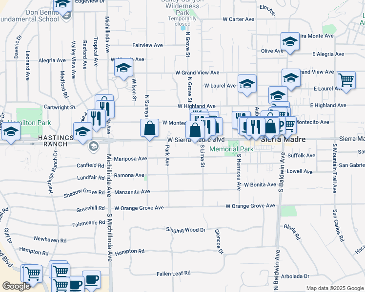 map of restaurants, bars, coffee shops, grocery stores, and more near 439 Mariposa Avenue in Sierra Madre