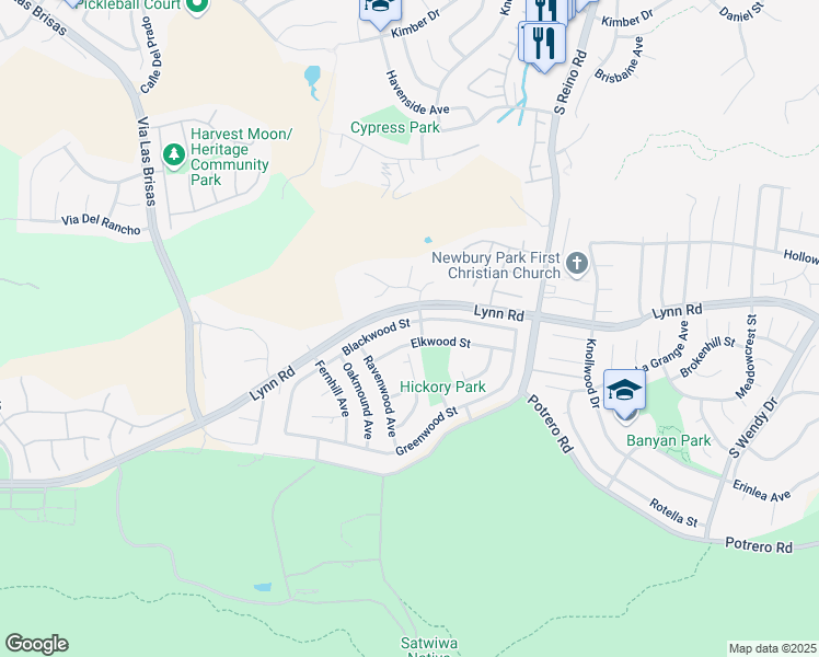 map of restaurants, bars, coffee shops, grocery stores, and more near 4044 Blackwood Street in Thousand Oaks