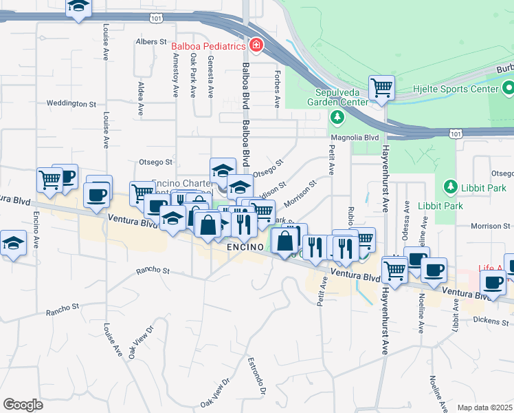 map of restaurants, bars, coffee shops, grocery stores, and more near 16846 Addison Street in Los Angeles