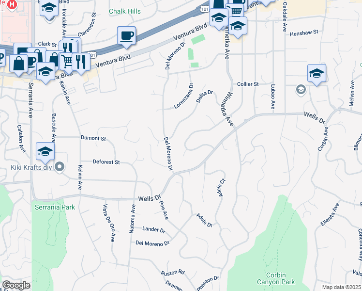 map of restaurants, bars, coffee shops, grocery stores, and more near 20225 Allentown Drive in Los Angeles