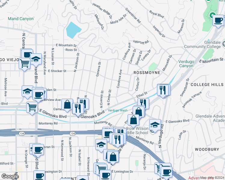 map of restaurants, bars, coffee shops, grocery stores, and more near 1120 North Cedar Street in Glendale
