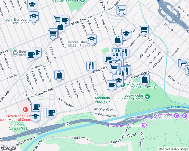 map of restaurants, bars, coffee shops, grocery stores, and more near 611 South Griffith Park Drive in Burbank