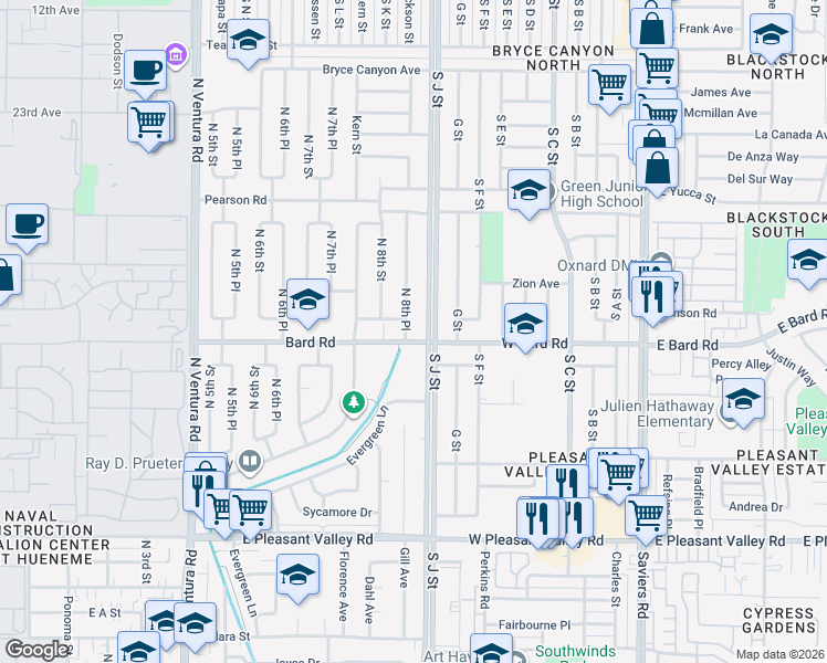map of restaurants, bars, coffee shops, grocery stores, and more near 1416 North 8th Place in Port Hueneme
