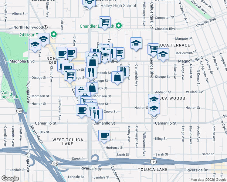 map of restaurants, bars, coffee shops, grocery stores, and more near 10832 Hesby Street in Los Angeles