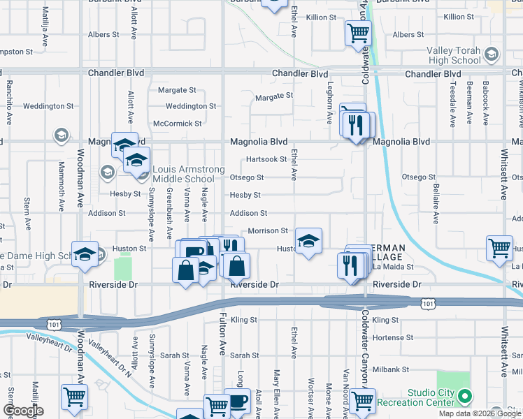 map of restaurants, bars, coffee shops, grocery stores, and more near 13161 Addison Street in Los Angeles