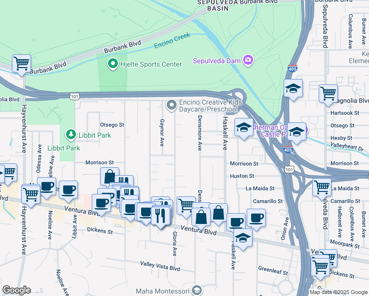 map of restaurants, bars, coffee shops, grocery stores, and more near 5060 Gloria Avenue in Los Angeles