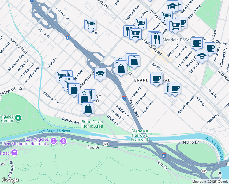 map of restaurants, bars, coffee shops, grocery stores, and more near 1516 Lake Street in Glendale