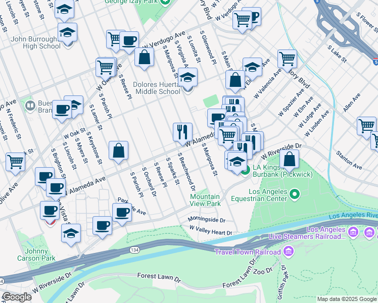 map of restaurants, bars, coffee shops, grocery stores, and more near 611 South Griffith Park Drive in Burbank