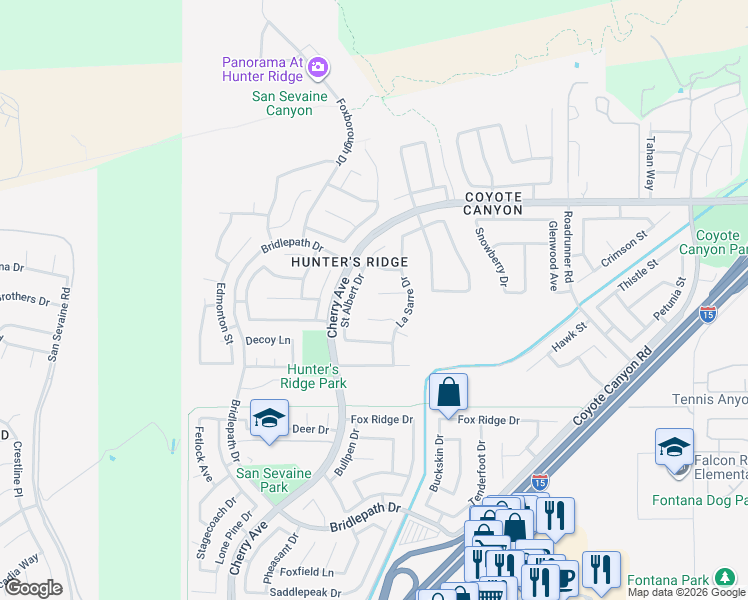 map of restaurants, bars, coffee shops, grocery stores, and more near 14871 Sydney Avenue in Fontana