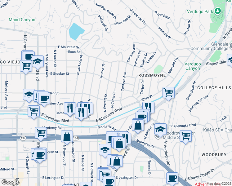 map of restaurants, bars, coffee shops, grocery stores, and more near 1120 North Cedar Street in Glendale