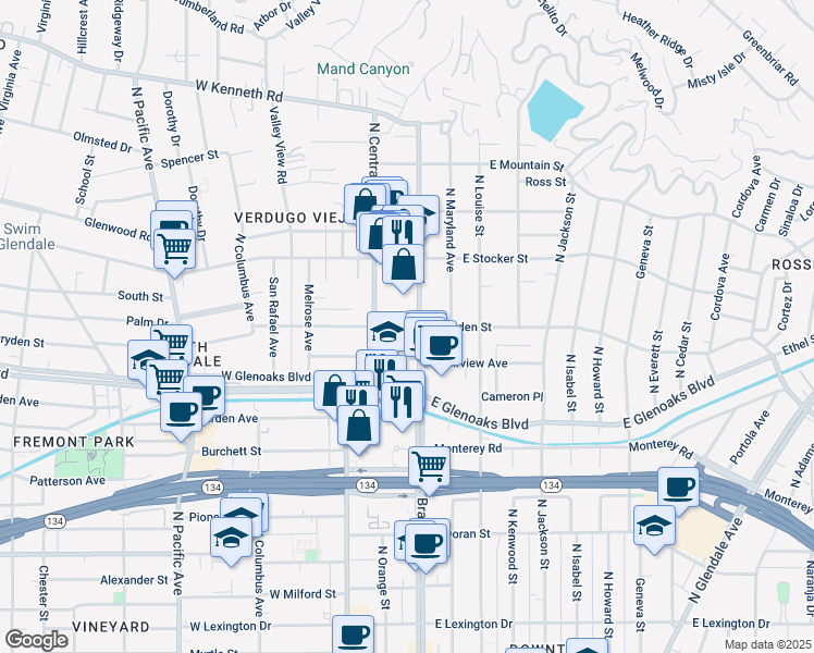 map of restaurants, bars, coffee shops, grocery stores, and more near in Glendale