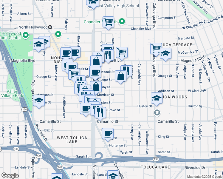 map of restaurants, bars, coffee shops, grocery stores, and more near 10857 Morrison Street in Los Angeles