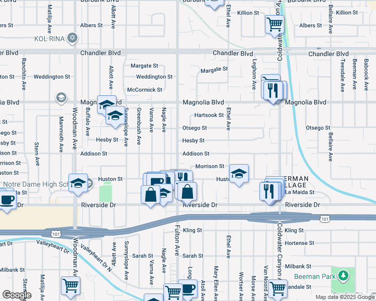 map of restaurants, bars, coffee shops, grocery stores, and more near 13239 Addison Street in Los Angeles