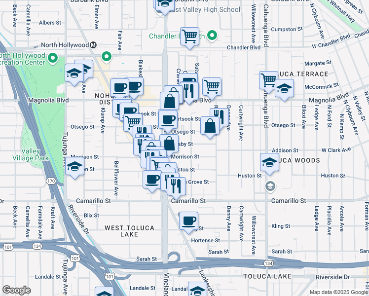 map of restaurants, bars, coffee shops, grocery stores, and more near 10916 Hesby Street in Los Angeles