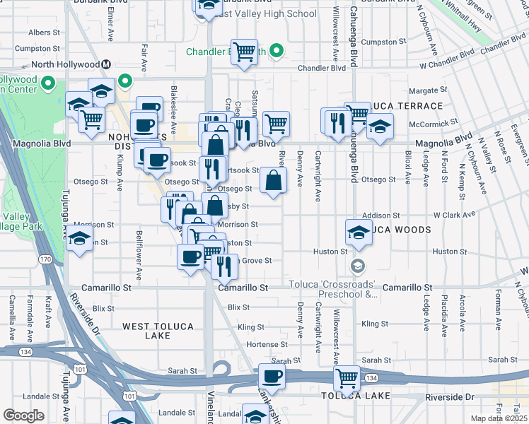 map of restaurants, bars, coffee shops, grocery stores, and more near 10832 Hesby Street in Los Angeles