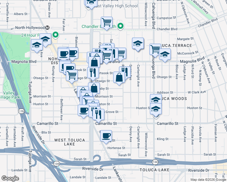 map of restaurants, bars, coffee shops, grocery stores, and more near 10840 Hesby Street in Los Angeles