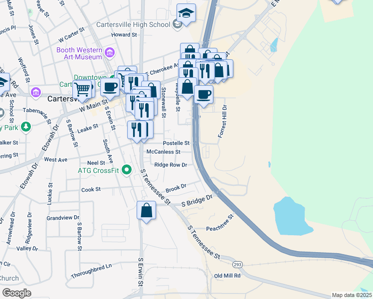map of restaurants, bars, coffee shops, grocery stores, and more near 210 McCanless Street in Cartersville