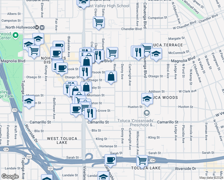 map of restaurants, bars, coffee shops, grocery stores, and more near 10810 Hesby Street in Los Angeles