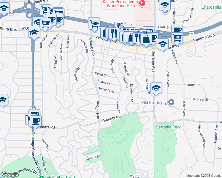 map of restaurants, bars, coffee shops, grocery stores, and more near 21239 Velicata Street in Los Angeles