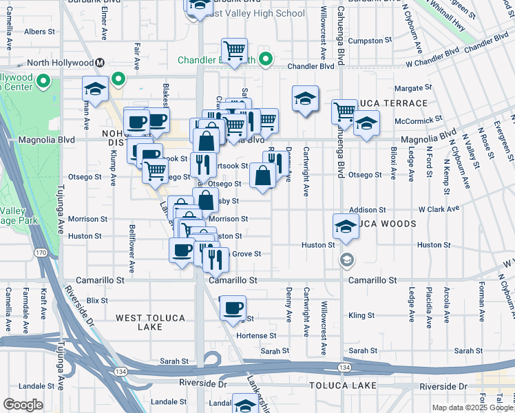 map of restaurants, bars, coffee shops, grocery stores, and more near Hesby Street in Los Angeles