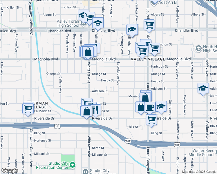 map of restaurants, bars, coffee shops, grocery stores, and more near 5018 Rhodes Avenue in Los Angeles