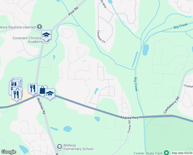 map of restaurants, bars, coffee shops, grocery stores, and more near 5185 Brierstone Drive in Alpharetta