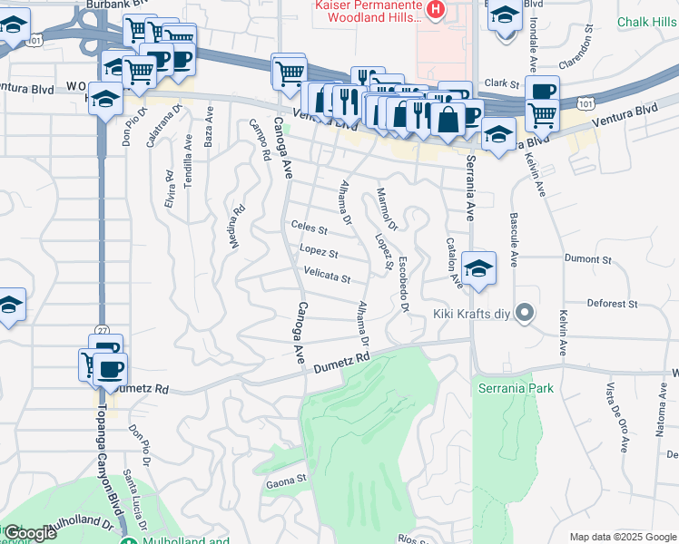 map of restaurants, bars, coffee shops, grocery stores, and more near 21239 Velicata Street in Los Angeles