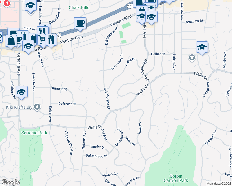 map of restaurants, bars, coffee shops, grocery stores, and more near 20225 Allentown Drive in Los Angeles