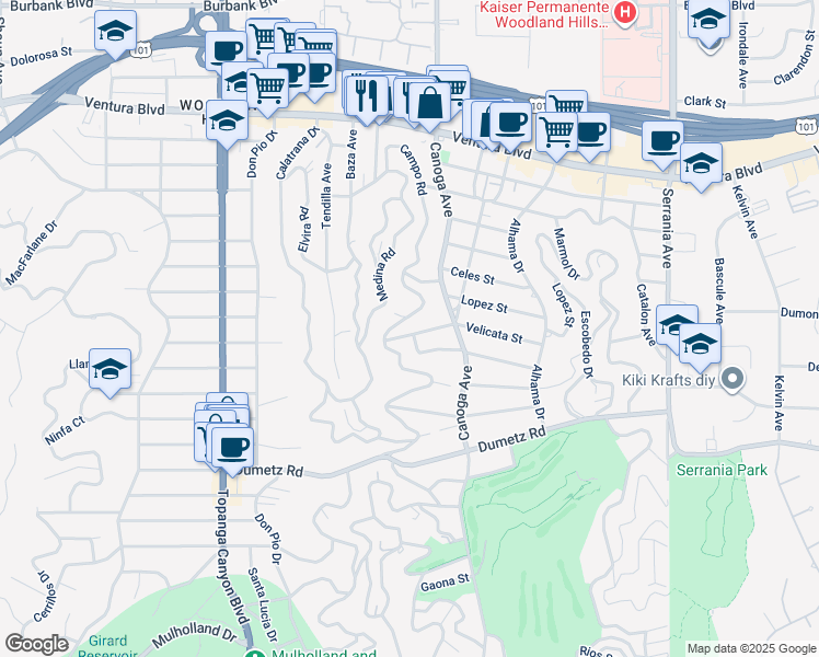 map of restaurants, bars, coffee shops, grocery stores, and more near 21501 Velicata Street in Los Angeles