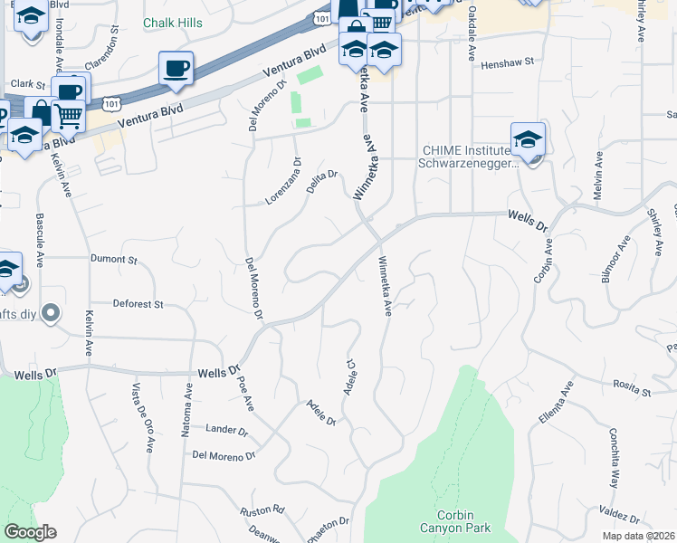 map of restaurants, bars, coffee shops, grocery stores, and more near 20286 Allentown Drive in Los Angeles