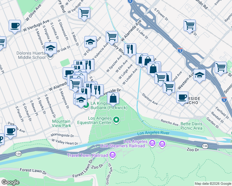 map of restaurants, bars, coffee shops, grocery stores, and more near 450 Allen Avenue in Los Angeles