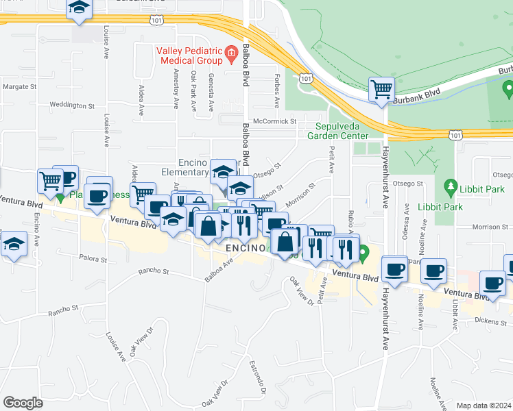 map of restaurants, bars, coffee shops, grocery stores, and more near 16846 Addison Street in Los Angeles