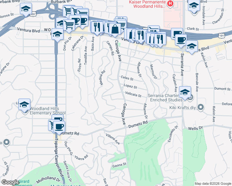 map of restaurants, bars, coffee shops, grocery stores, and more near 21501 Velicata Street in Los Angeles