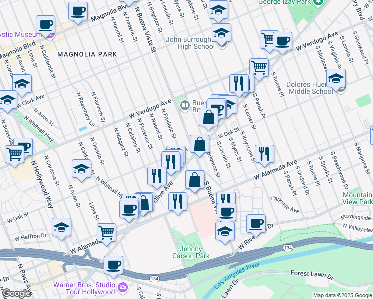 map of restaurants, bars, coffee shops, grocery stores, and more near West Oak Street in Burbank
