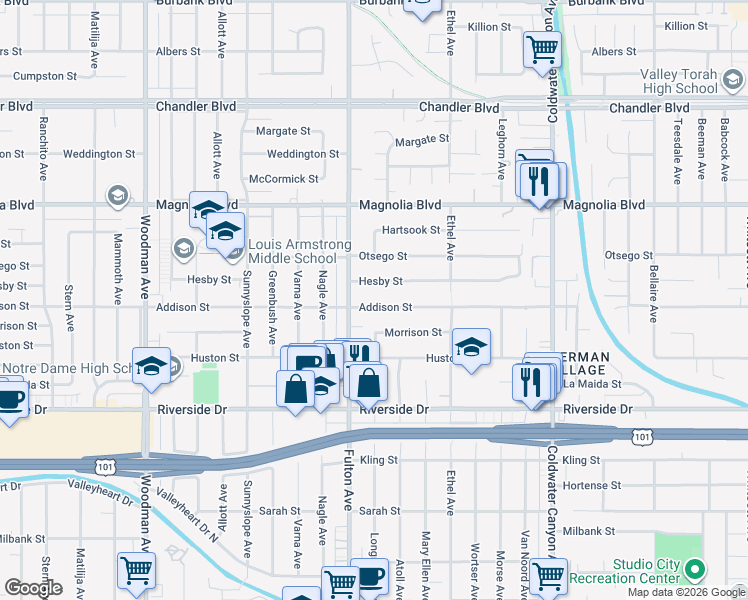 map of restaurants, bars, coffee shops, grocery stores, and more near 13233 Addison Street in Los Angeles