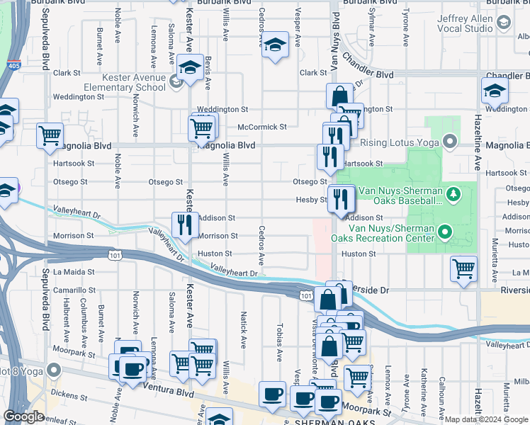 map of restaurants, bars, coffee shops, grocery stores, and more near 14657 Addison Street in Los Angeles