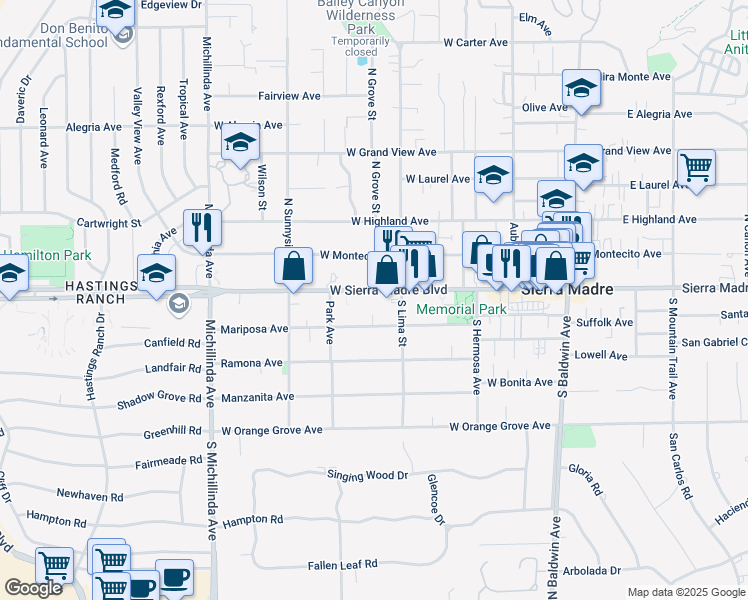 map of restaurants, bars, coffee shops, grocery stores, and more near 381 Mariposa Avenue in Sierra Madre