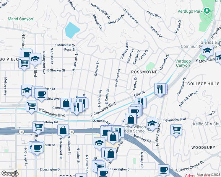 map of restaurants, bars, coffee shops, grocery stores, and more near 1108 Cordova Avenue in Glendale