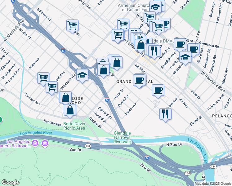 map of restaurants, bars, coffee shops, grocery stores, and more near 606 Hazel Street in Glendale