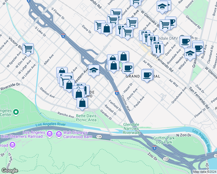 map of restaurants, bars, coffee shops, grocery stores, and more near 1516 Lake Street in Glendale
