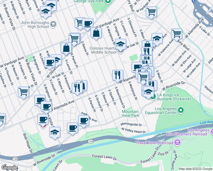 map of restaurants, bars, coffee shops, grocery stores, and more near 510 South Sparks Street in Burbank