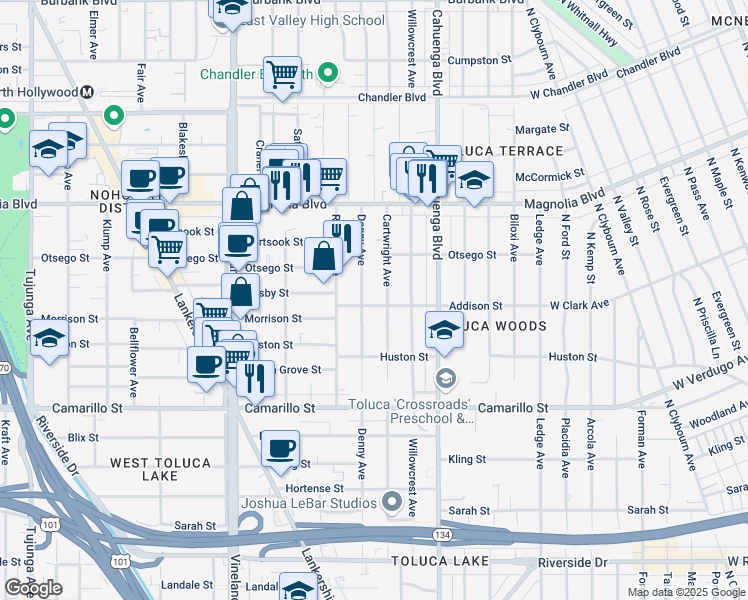 map of restaurants, bars, coffee shops, grocery stores, and more near 4953 Denny Avenue in Los Angeles