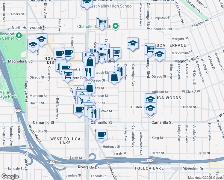 map of restaurants, bars, coffee shops, grocery stores, and more near 10815 Morrison Street in Los Angeles